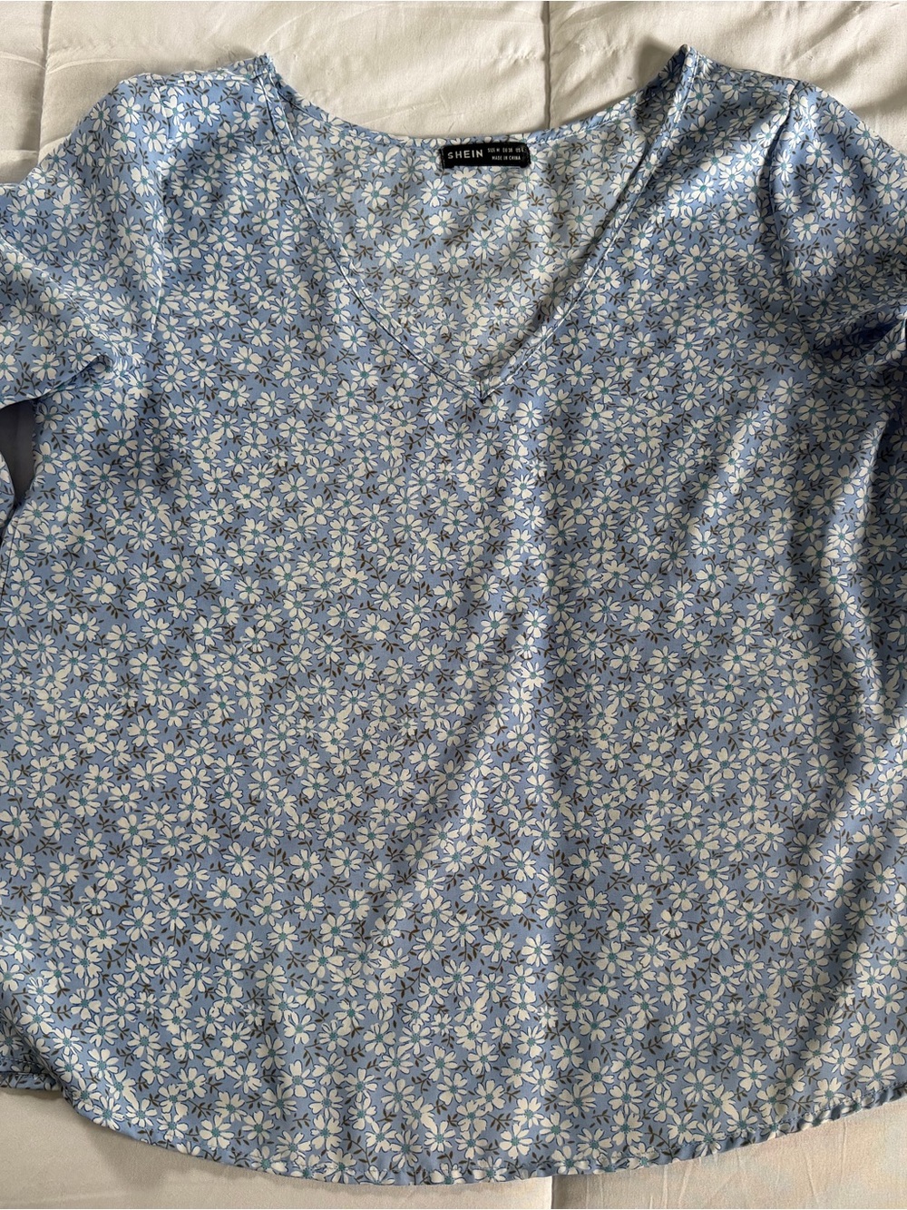 SHEIN Light Blue Floral V-Neck Blouse